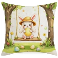 Detailed view of Easter pillowcase texture with cartoon rabbit and colorful eggs print - Cartoon Rabbit on Swing (DYM80-1)