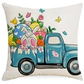 Fodera per cuscino in lino pasquale con camion blu, coniglio e uova su sfondo bianco - Stile Pickup Vintage (DYM90-2) / Stampa su un Solo Lato Senza Anima