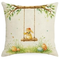 Detail of Easter pillow cover featuring a cute bunny on a swing with colorful eggs - Bunny in Orange Hat (DYM80-10) / 45x45cm (No Insert)