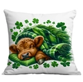 Close-up detail of a sleeping highland cow and green clover on a St. Patrick's Day pillowcase - 45*45cm Short Plush Single Sided Without Core / Sleeping Highland Cow Style (CDR87-14)