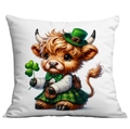 Detailed close-up of St. Patrick's Day Highland cow cushion cover with clover and hat - 45*45cm Short Plush Single Sided Without Core / Plaid Skirt Highland Cow Style (CDR87-15)