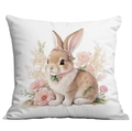Paaskussenhoes met schattige roze aquarel konijnenprint op witte decoratieve stof - Konijn met krans en roze nekdecoratie (CDR27-4)