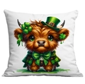 Detail of St. Patrick's Day highland cow pillowcase with green hat and clover print - 45*45cm Short Plush Single Sided Without Core / Top Hat Highland Cow Style (CDR87-5)