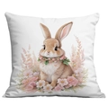 Housse de coussin de Pâques blanche avec un joli lapin rose fleuri pour la décoration - Lapin entouré de fleurs roses (CDR27-5)