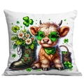 Square St. Patrick's Day pillow cover featuring a Highland cow with green clovers - 45*45cm Short Plush Single Sided Without Core / Shamrock Glasses Cow Style (CDR87-12)
