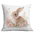 Housse de coussin de Pâques avec motif lapin aquarelle et fleurs roses sur fond blanc - Bébé lapin entouré de fleurs (CDR27-7)