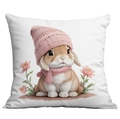 Housse de coussin lapin rose de Pâques pour décoration de canapé et maison - Lapin avec bonnet en tricot rose et écharpe (CDR27-8)