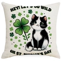 Detail of St. Patrick's Day pillowcase featuring a cartoon cat and green clover design - 45*45cm Linen Single-Sided No Insert / Black and White Cat (DYM83-17)