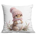 Housse de coussin de Pâques avec imprimé lapin rose mignon sur coussin carré blanc - Lapin brun avec bonnet en tricot rose et écharpe (CDR27-10)