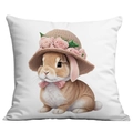 Housse de coussin de Pâques blanche avec un lapin mignon portant un chapeau de paille - Lapin avec chapeau de paille décoré de roses (CDR27-11)
