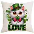 St. Patrick's Day cushion cover detail showing cat illustration and LOVE text on linen - 45*45cm Linen Single-Sided No Insert / White Cat with LOVE Letter (DYM83-12)