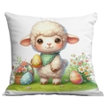 Dettaglio federa pasquale con agnellino carino, cesto di fiori e uova colorate - Agnello con sciarpa verde e uovo giallo (CDR91-1)