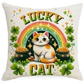 Kissenhülle zum St. Patrick's Day mit Lucky Cat und Regenbogen auf Leinenstruktur - 45*45cm Leinen Einseitig Ohne Füllung / Regenbogenkatze mit Gold (DYM83-1)