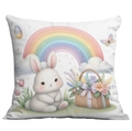Close-up of Easter pillowcase featuring a cute watercolor rabbit and rainbow pattern - Gray Bunny Rainbow Flower Basket Style (CDR92-6)