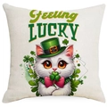 St. Patrick's Day decorative pillowcase with cartoon cat and green shamrock design - 45*45cm Linen Single-Sided No Insert / White Cat with Clover (DYM83-6)