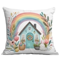 Easter rabbit cushion cover with rainbow, house and tulip floral print on white fabric - Cozy House Rainbow Bunny Style (CDR92-12)