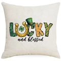 Close-up of linen pillowcase with green St. Patrick's Day Lucky and Blessed print - Lucky Blessings (DYM96-19) / 45*45cm Linen Single-Sided No Insert