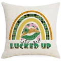 Close-up of linen pillowcase with green clover and let's get LUCKED UP text design - Lucky Letters Plaid (DYM96-18) / 45*45cm Linen Single-Sided No Insert