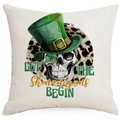 Linen pillow cover with St. Patrick's Day skull hat and lucky clover pattern - Top Hat Skull & Leopard (DYM96-17) / 45*45cm Linen Single-Sided No Insert