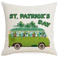 Close-up of St. Patrick's Day linen pillowcase with green van and clover pattern prints - Lucky Truck & Cows (DYM96-5) / 45*45cm Linen Single-Sided No Insert