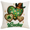Détail de la housse de coussin Saint-Patrick avec texte Lucky et motif cœur trèfle - 45x45cm / Trois Cœurs Chapeau de Cowboy (DYM98-7)