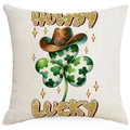 Housse de coussin Saint-Patrick avec trèfle et chapeau de cowboy sur tissu beige - 45x45cm / Motif Pailleté Howdy (DYM98-17)