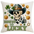 Housse de coussin Saint-Patrick avec motif de crâne de cow-boy et trèfles verts - 45x45cm / Motif Crâne à Cornes (DYM98-19)