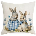 Easter throw pillow cover featuring cute rabbits and blue plaid floral design - Plaid Bag and Rabbits Style (DYM17-5)