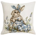 Blue plaid Easter pillow case featuring cute bunny and floral pattern for spring decor - Blue Bowtie Rabbit Style (DYM17-6)
