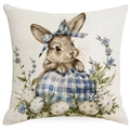 Easter pillow cover with blue plaid rabbit and colorful eggs on linen fabric - Rabbit Holding Plaid Bag Style (DYM17-7)