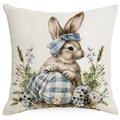 Blue plaid Easter bunny pillow cover with matching eggs and floral elements - Rabbit with Wheat and Plaid Style (DYM17-9)