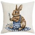 Easter pillow cover with blue plaid bunny illustration on linen textured fabric - Rabbit in Overalls Style (DYM17-10)