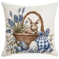 Blue plaid Easter pillow case featuring cute bunny in a basket with floral eggs - Brown Rabbit in Basket Style (DYM17-12)