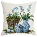 Easter throw pillow cover featuring watercolor blue flowers and festive eggs design - Vase Basket Eggs and Flowers Style (DYM17-13)
