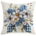 Square Easter pillow cover featuring blue flowers and a buffalo plaid bow print - Bowknot Anemone Flowers Style (DYM17-14)