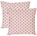 Set of two square cotton linen pillow covers with red floral pattern on beige background - Single Side Printing Without Core / Pink