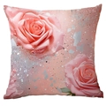 Funda de cojín rosa con estampado de rosas elegantes y detalles brillantes de purpurina plata - Estilo Rosa Elegante con Brillo Salpicado (CDR43-4)