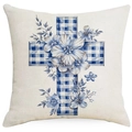 Easter pillow cover with blue plaid cross and watercolor floral design on linen - Plaid Cross with Flowers Style (DYM17-17)
