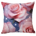 Pink rose flower pillow cover with realistic dew drops on dark blue square cushion case - Blue Background Rose Starry Style (CDR43-5)
