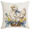 Blue plaid Easter pillow case featuring a vintage chick and floral illustration - Chick with Plaid Bow in Nest Style (DYM17-19)