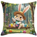 Easter pillow cover with cute bunny on a swing and colorful eggs print pattern - Rabbit in Overalls (DYM80-4)