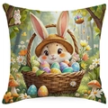 Easter pillow cover with cute bunny in flower basket and colorful eggs print - Rabbit in Flower Basket (DYM80-5) / 45x45cm (No Insert)