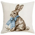 Easter square pillow case with cute bunny and blue plaid bow on beige cotton linen - Realistic Rabbit with Plaid Bow Style (DYM17-24)