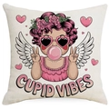 Detail of linen pillowcase featuring a Cupid illustration and Cupid Vibes text - 45*45cm Linen Single-Sided No Insert / Pink Hair Wreath Cupid Style (DYM93-6)