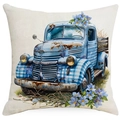 Blue plaid Easter pillow case featuring vintage truck with watercolor flowers - Vintage Blue Plaid Truck Style (DYM17-25)