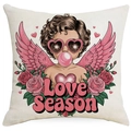 Detalle de ángel con gafas de corazón y estampado Love Season en funda de cojín - 45*45cm Lino Una Cara Sin Relleno / Estilo Ángel Pelo Castaño Rosa (DYM93-4)