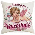 Detailed view of Cupid angel illustration on square pillowcase with textured fabric - 45*45cm Linen Single-Sided No Insert / Pink Illustration Angel Style (DYM93-15)