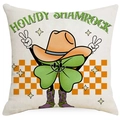 Detail of St. Patrick's Day pillow case with Howdy Shamrock cowboy clover and orange plaid - Shamrock Cowboy Style (DYM97-8) / 45*45cm Linen Single-Sided No Insert