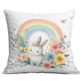 Rainbow bunny floral Easter pillow case in white square polyester for sofa decor - White Bunny with Wreath Rainbow Style (CDR92-2)