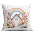 Easter throw pillow cover with cute bunny, rainbow and floral house illustration - Pink House Rainbow Bunny Style (CDR92-4)